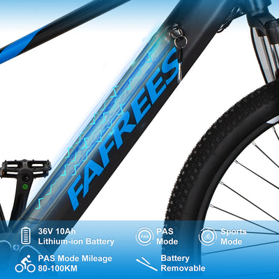 Electric Mountain Bikes for Adults 27.5'' FAFREES KRE27.5 Electric Bicycle 250W with 10Ah Removable Lithium Battery Moped Cycle, Professional 7-Speed Gears Black-Bleu