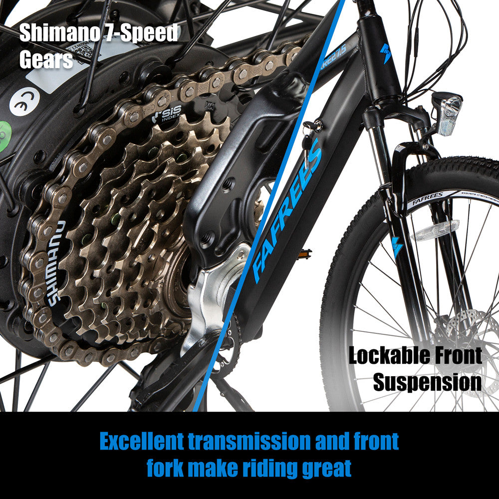 Electric Mountain Bikes for Adults 27.5'' FAFREES KRE27.5 Electric Bicycle 250W with 10Ah Removable Lithium Battery Moped Cycle, Professional 7-Speed Gears Black-Bleu