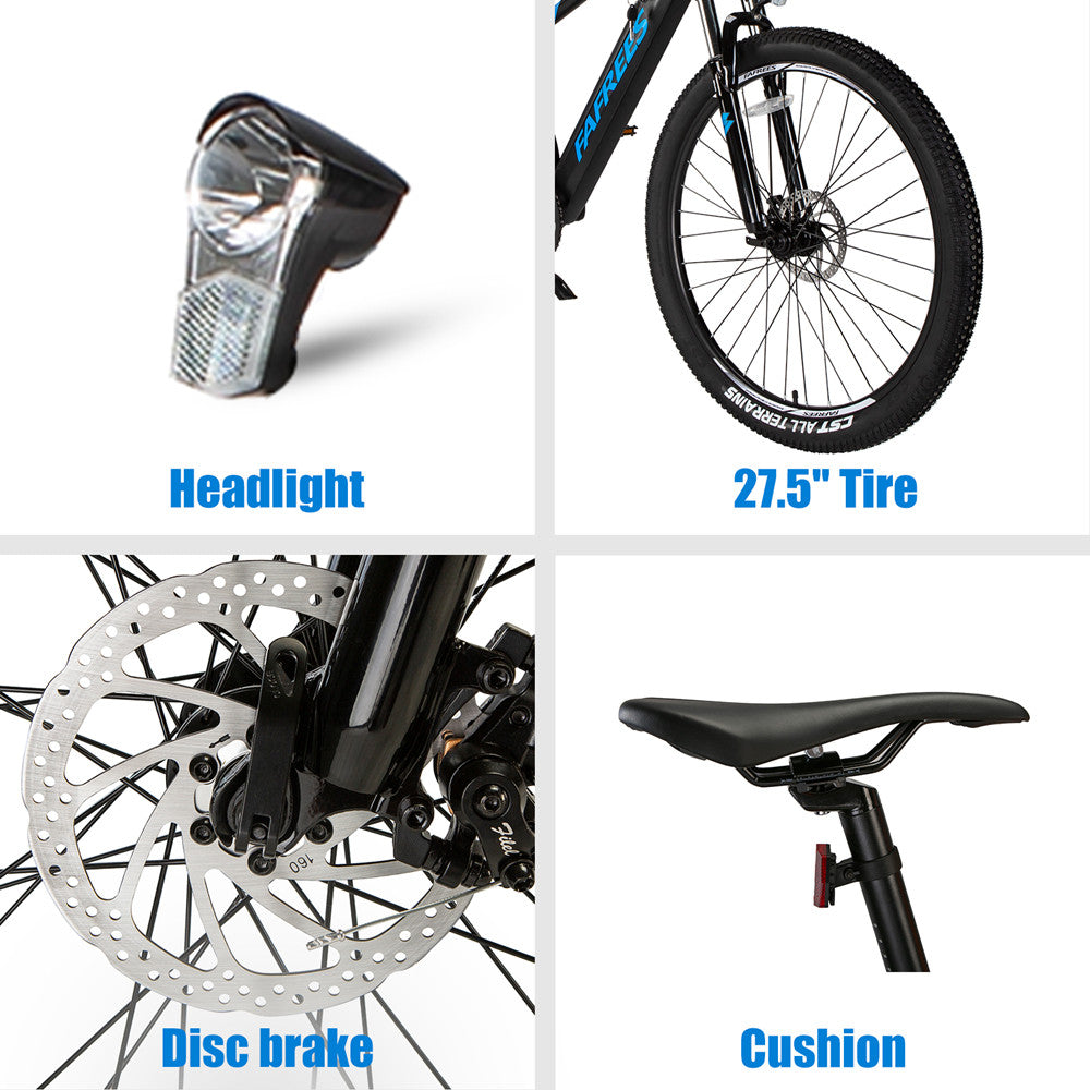 Electric Mountain Bikes for Adults 27.5'' FAFREES KRE27.5 Electric Bicycle 250W with 10Ah Removable Lithium Battery Moped Cycle, Professional 7-Speed Gears Black-Bleu