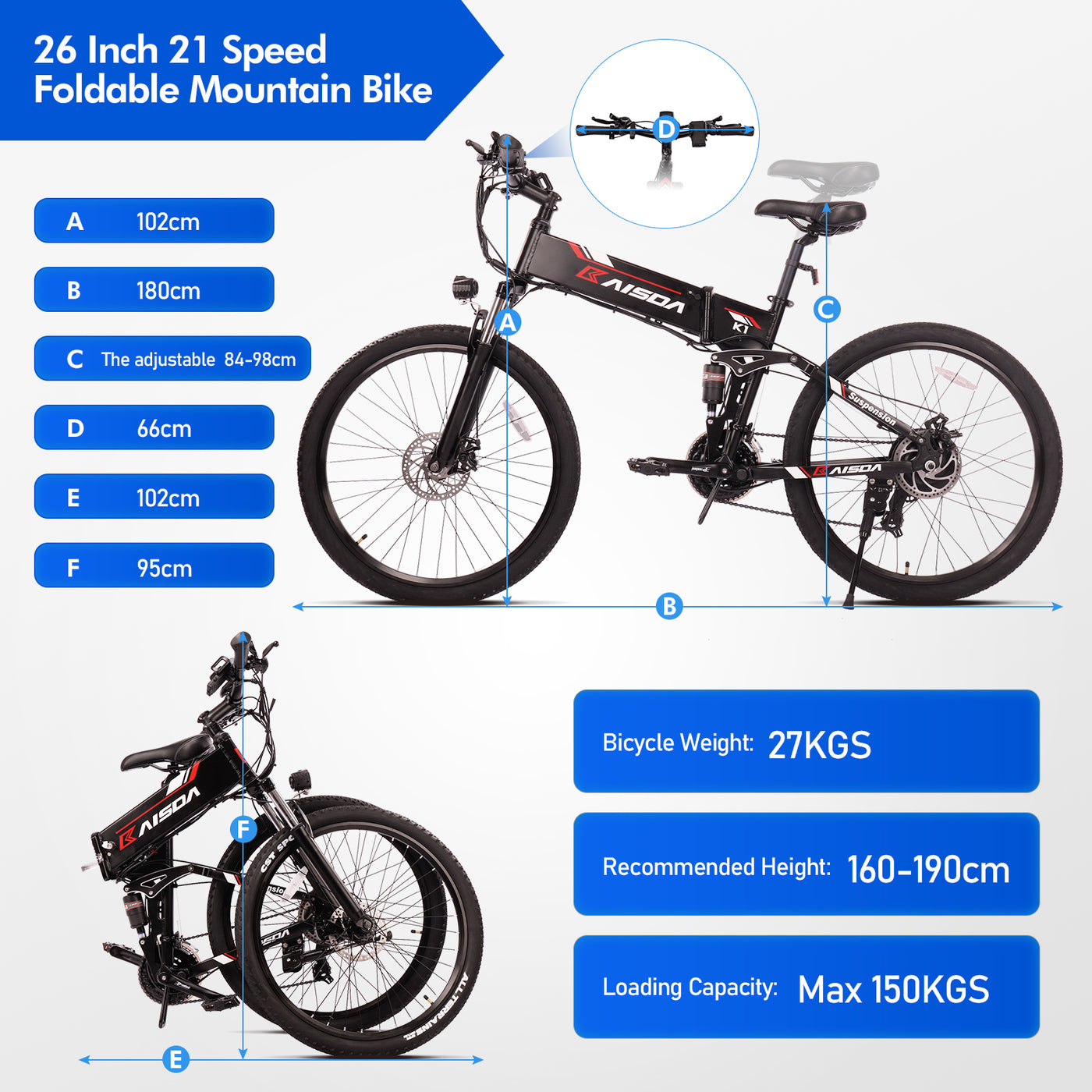 KAISDA K1 26 Inch Folding E-Bike  48V 500W Electric Moutain Bike, Adult Electric Bicycle with LED Display + Aluminum Pedal, Max Speed 40KM / H