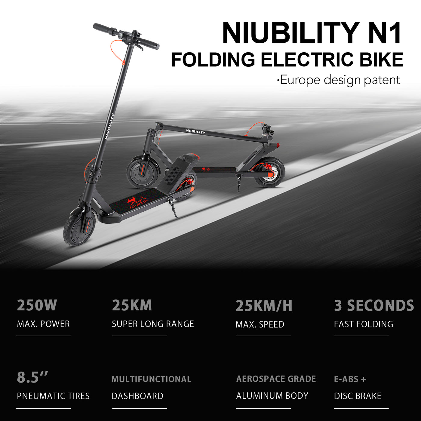 Niubility N1 Electric Scooter 8.5 Inch Folding E-Scooter Kick Push Escooter 250W